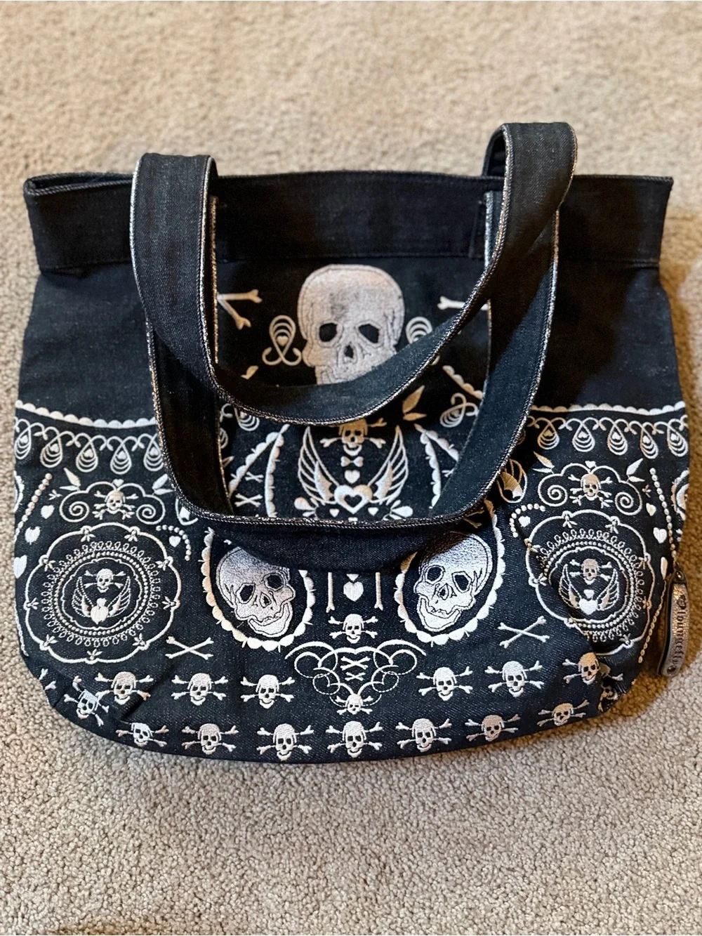 Loungefly Black Skull Pattern Tote Bag & two different style wallets that match
